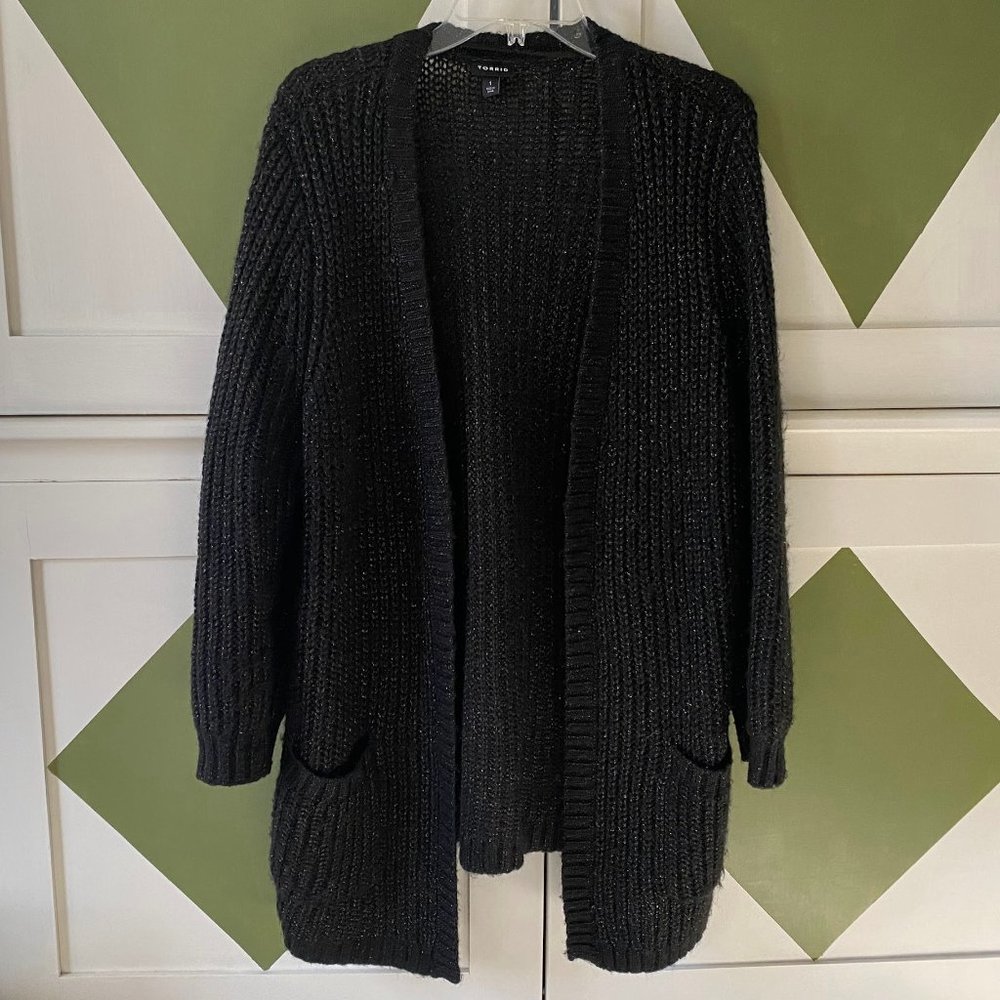 Torrid Black With Metallic Flecks Open Knit Cardigan